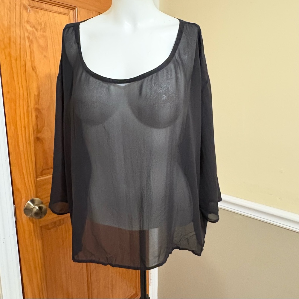 Eileen Fisher Silk Sheer 3/4 Sleeve Classic Black Box Top Sz.M